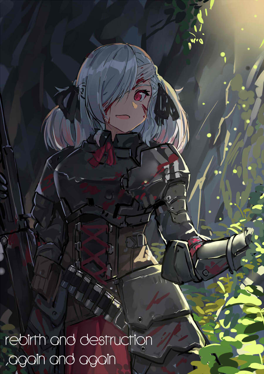 alternate_costume armor bandage_over_one_eye bandages blood braid commentary cowboy_shot darkest_dungeon echj girls_frontline highres injury looking_at_viewer red_eyes silver_hair smile spas-12_(girls_frontline)