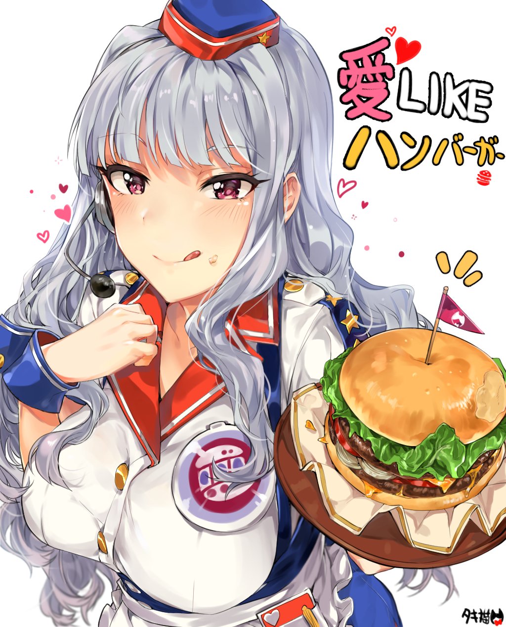 :q artist_name bangs breasts burger_skater_(idolmaster) eyebrows_visible_through_hair food food_on_face hamburger hat headset heart highres idolmaster idolmaster_(classic) large_breasts long_hair looking_at_viewer pen purple_eyes shijou_takane silver_hair simple_background solo song_name text_focus tongue tongue_out tray tuxedo_de_cat upper_body very_long_hair white_background wrist_cuffs