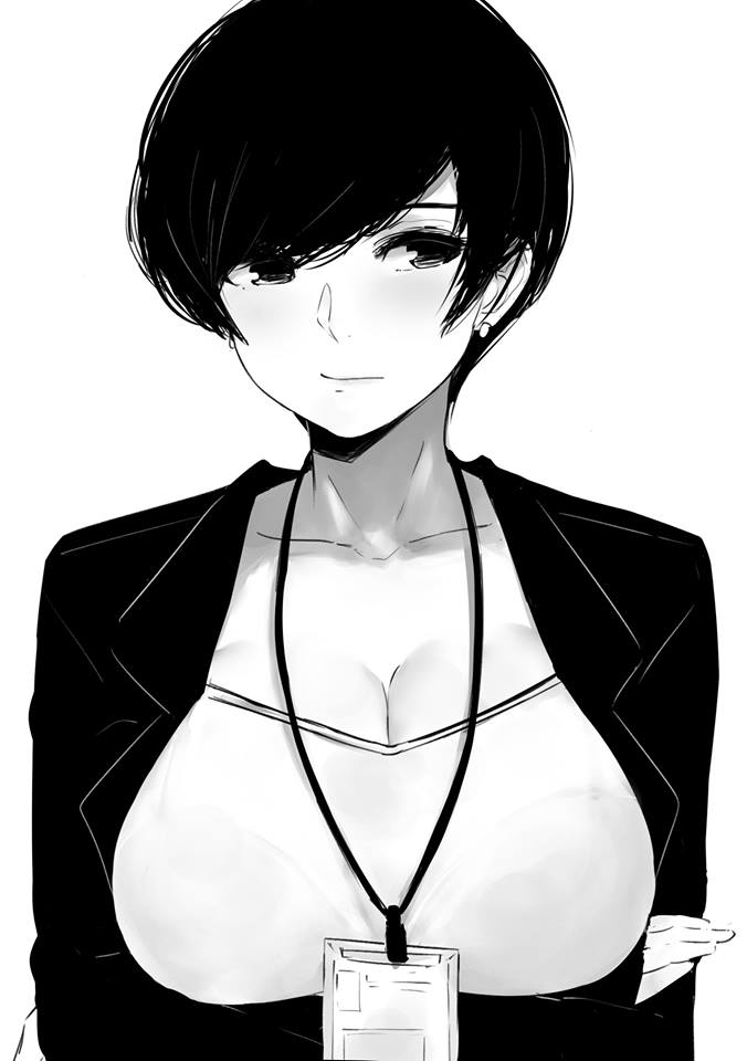 1girl alone arms_folded black_hair breasts cleavage commentary earrings female folded_arms highres large_breasts monochrome office_clothes office_lady original short_hair solo