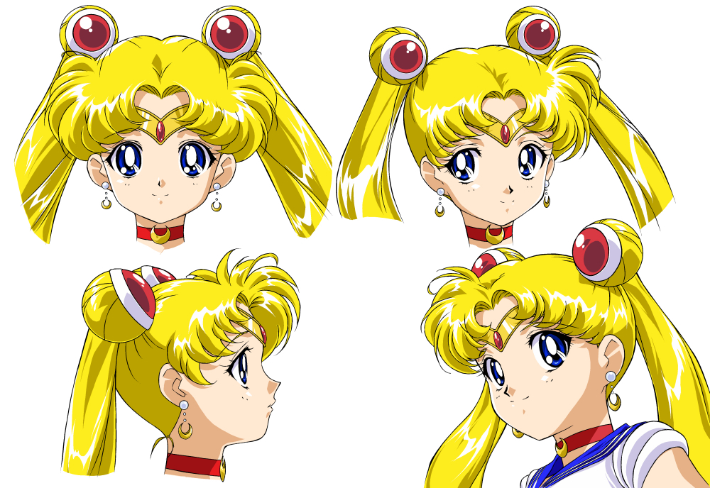 bishoujo_senshi_sailor_moon blonde_hair blue_eyes blue_sailor_collar choker circlet closed_mouth crescent crescent_earrings double_bun earrings hair_ornament hairpin jewelry long_hair looking_at_viewer magical_girl multiple_girls multiple_persona official_style oku_yukihide profile red_neckwear sailor_collar sailor_moon shiny shiny_hair simple_background smile tsukino_usagi twintails white_background