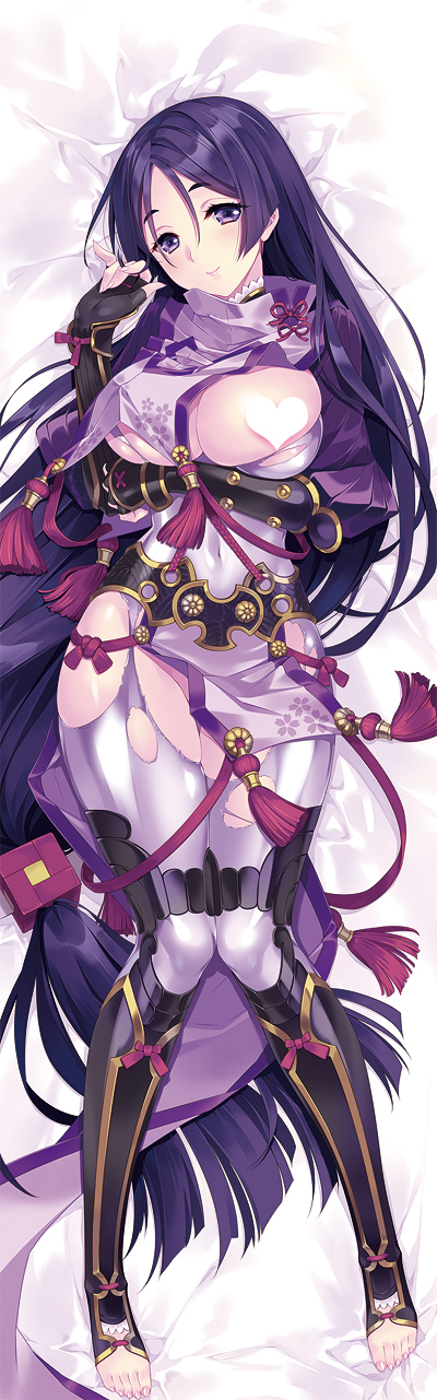 absurdly_long_hair areola_slip areolae armor bangs barefoot black_gloves blush bodysuit breasts carnelian censored dakimakura eyebrows_visible_through_hair fate/grand_order fate_(series) full_body gloves hair_between_eyes heart heart_censor highres japanese_armor kote large_breasts long_hair looking_at_viewer low-tied_long_hair minamoto_no_raikou_(fate/grand_order) parted_bangs purple_eyes purple_hair smile solo suneate toeless_legwear torn_clothes very_long_hair