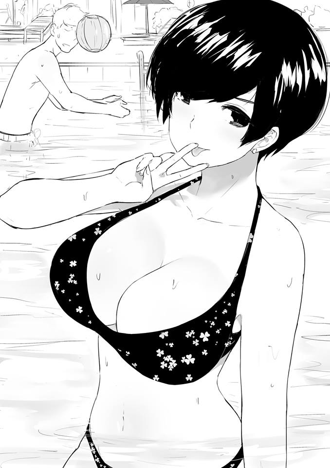 1boy 1girl ball bare_shoulders bikini black_hair breasts cleavage commentary curvy highres large_breasts monochrome navel original outdoors outside peace_sign short_hair stomach swimming_pool tongue_out