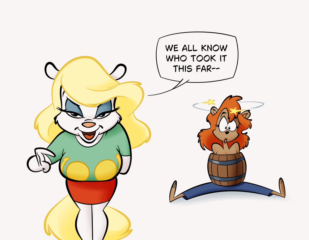animaniacs anthro barefoot barrel bear bedroom_eyes big_breasts blonde_hair breasts cask duo english_text feet female hair julie_bruin lips lipstick looking_at_viewer makeup mammal messy_hair minerva_mink mink mustelid musteline narrowed_eyes open_mouth open_smile pointing_at_breasts red_hair red_lips red_lipstick seductive sitting smile smiling_at_viewer soles stanmort stunned text thick_thighs tiny_toon_adventures toes true_musteline warner_brothers wide_hips