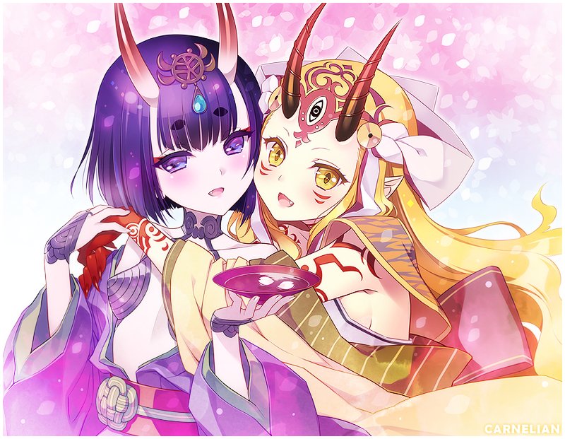 artist_name breasts carnelian cherry_blossoms choko_(cup) cup facial_mark fang fate/grand_order fate_(series) headpiece horns ibaraki_douji_(fate/grand_order) long_hair looking_at_viewer multiple_girls oni oni_horns open_mouth petals pointy_ears purple_hair short_eyebrows short_hair shuten_douji_(fate/grand_order) sideboob small_breasts tattoo yellow_eyes