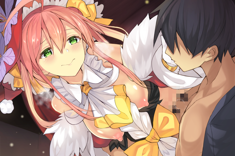 1girl black_hair blush bow breasts censored closed_mouth cravat dreamlight2000 faceless faceless_male flower_knight_girl game_cg girl_on_top gloves green_eyes hand_on_another's_face hat hetero long_hair medium_breasts mosaic_censoring nipples official_art penis pink_hair saffron_(flower_knight_girl) sex shiny shiny_skin vaginal white_gloves wince yellow_bow