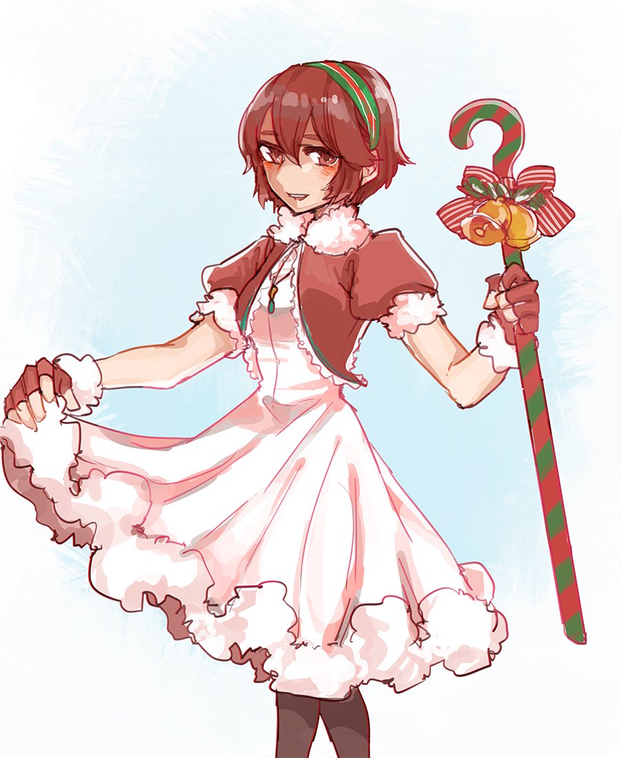 black_legwear blush candy candy_cane dress fire_emblem fire_emblem:_monshou_no_nazo fire_emblem_heroes food hairband headband looking_at_viewer maria_(fire_emblem) open_mouth pantyhose red_eyes red_hair santa_costume short_hair smile solo tnmrdgr