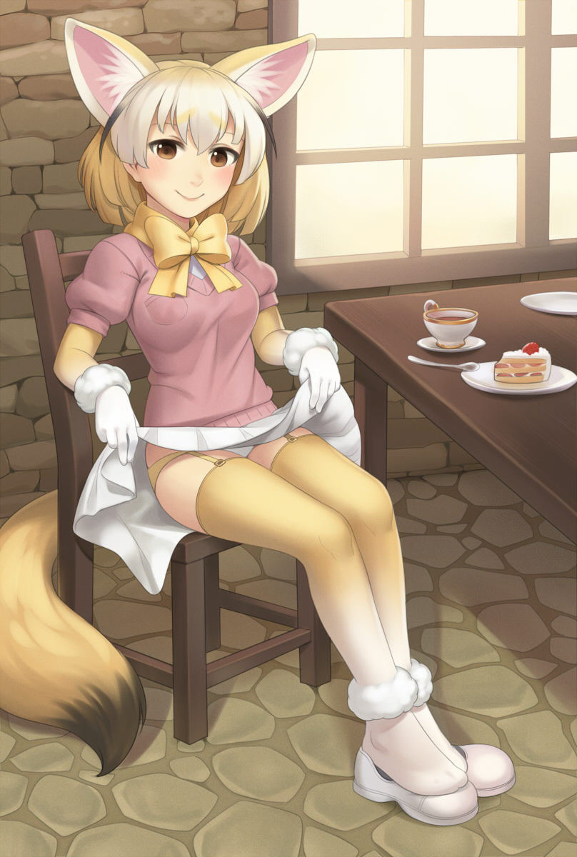 animal_ears black_hair blonde_hair blush bow breasts brown_eyes cake chair commentary cristalavi cup fennec_(kemono_friends) food fox_ears fox_tail full_body garter_straps highres indoors kemono_friends lifted_by_self looking_at_viewer medium_breasts miniskirt multicolored multicolored_clothes multicolored_hair multicolored_legwear panties pink_sweater plate puffy_short_sleeves puffy_sleeves shoes short_hair short_sleeves sitting skirt skirt_lift smile solo spoon strawberry_shortcake streaked_hair sweater table tail teacup thighhighs two-tone_legwear underwear white_hair white_skirt window yellow_bow
