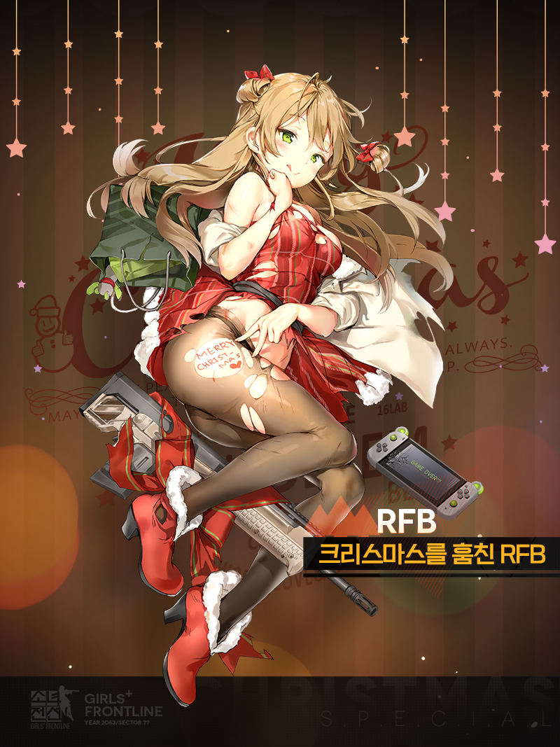 :q ;&gt; anmi assault_rifle bag bangs bare_shoulders black_legwear black_panties blush body_writing boots bow breasts brown_hair bullpup character_name christmas coat copyright_name double_bun dress duffel_coat eyebrows_visible_through_hair full_body fur_trim girls_frontline green_eyes gun hair_bow half-closed_eyes heart high_heel_boots high_heels holding kel-tec kel-tec_rfb long_hair looking_at_viewer lying medium_breasts merry_christmas nintendo_switch official_art on_side open_clothes open_coat open_mouth panties pantyhose red_bow red_dress red_footwear rfb_(girls_frontline) rifle santa_costume shopping_bag smile solo thighs tongue tongue_out torn_clothes torn_legwear underwear weapon