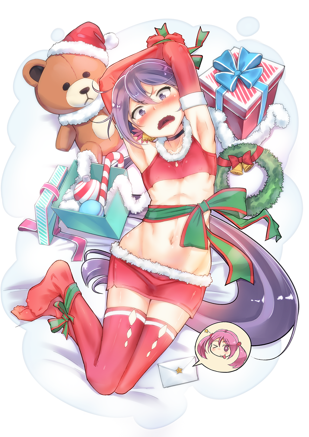 akebono_(kantai_collection) armpits arms_behind_head bdsm bell blush bondage bound bound_wrists box breasts christmas_ornaments flower gift gift_box glaring groin hair_bell hair_flower hair_ornament highres kantai_collection letter liking long_hair looking_at_viewer midriff navel open_mouth ponytail purple_eyes purple_hair red_legwear ribbon ribbon_bondage sazanami_(kantai_collection) skirt small_breasts solo stuffed_animal stuffed_toy teddy_bear thighhighs underboob