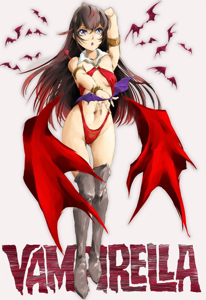 armband ass_visible_through_thighs bat bat_wings black_footwear black_hair blue_eyes boots commentary_request copyright_name cosplay full_body grey_background highres long_hair marutaya navel red_swimsuit simple_background slingshot_swimsuit solo standing swimsuit thigh_boots thighhighs vampirella vampirella_(character) vampirella_(character)_(cosplay) wings yahari_ore_no_seishun_lovecome_wa_machigatteiru. yukinoshita_yukino