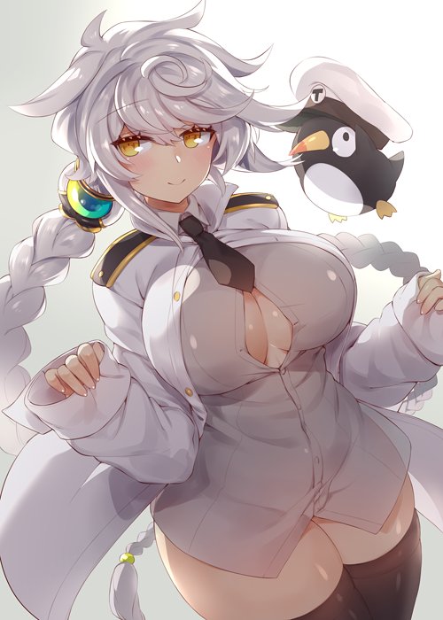 asymmetrical_hair bangs beads black_legwear black_neckwear blush braid breasts bursting_breasts button_gap dress_shirt failure_penguin gem hair_ornament hat hips jacket jitome kantai_collection large_breasts long_hair military_jacket necktie open_clothes open_jacket peaked_cap shirt silver_hair single_braid smile swept_bangs thighhighs thighs unryuu_(kantai_collection) very_long_hair wavy_hair white_jacket yamaarashi yellow_eyes