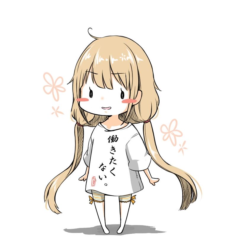 bike_shorts blonde_hair blush_stickers chibi chimaki. clothes_writing full_body futaba_anzu idolmaster idolmaster_cinderella_girls long_hair low_twintails shirt simple_background solo standing striped striped_bike_shorts t-shirt twintails white_background