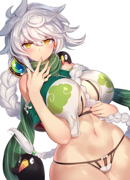 asymmetrical_hair bangs beads blush bra braid breasts cleavage cloud_print crop_top cupless_bra failure_penguin finger_to_mouth gem green_scarf hair_between_breasts hair_ornament hips jitome kantai_collection large_breasts long_hair navel open_mouth orb panties scarf shoulder_cutout silver_hair simple_background single_braid striped striped_scarf swept_bangs underwear unryuu_(kantai_collection) very_long_hair wavy_hair white_background yamaarashi yellow_eyes