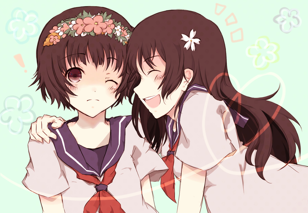 bad_id bad_pixiv_id black_eyes black_hair closed_eyes flower hair_flower hair_ornament head_wreath long_hair multiple_girls nabisuke one_eye_closed sakugawa_school_uniform saten_ruiko school_uniform serafuku short_hair to_aru_kagaku_no_railgun to_aru_majutsu_no_index uiharu_kazari