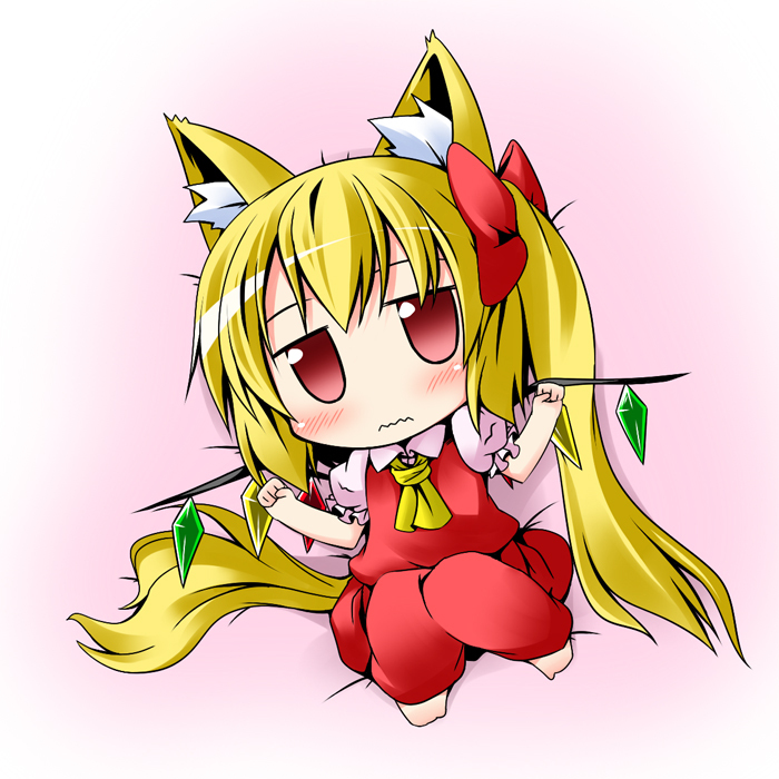 animal_ears blonde_hair blush chibi clenched_hands dog_ears dog_tail flandre_scarlet ichimi jitome kemonomimi_mode no_hat no_headwear red_eyes side_ponytail solo tail touhou wavy_mouth wings