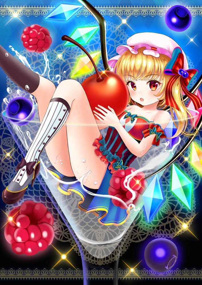 :o arm_cuffs bad_id bad_pixiv_id bangs bare_shoulders black_bow black_footwear black_legwear blonde_hair blue_skirt blueberry bodice bow breasts cherry cocktail_glass commentary_request cup drinking_glass eyebrows_visible_through_hair flandre_scarlet food frills fruit gathers hat hat_bow high_heels holding holding_food in_container in_cup lace_background legs_up looking_at_viewer minigirl mismatched_legwear mob_cap open_mouth raspberry red_eyes shoe_bow shoes showgirl_skirt side_ponytail sitting skirt small_breasts solo sparkle splashing strapless striped striped_legwear touhou uemura_shun vertical-striped_legwear vertical_stripes water white_legwear wings