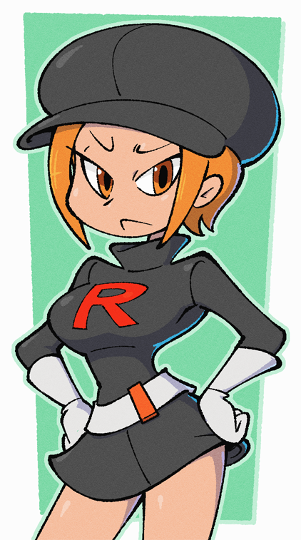 :&lt; breasts creatures_(company) frown game_freak nintendo orange_eyes orange_hair pokemon pokemon_(game) pokemon_lgpe shenanimation skirt team_rocket team_rocket_grunt