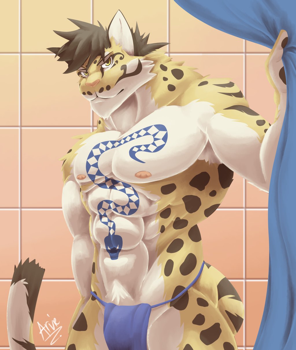 abs arvie clothed clothing clouded_leopard feline inside likulau loincloth looking_at_viewer male mammal muscular muscular_male nekojishi nipples partially_clothed pecs seductive shower solo spots tattoo