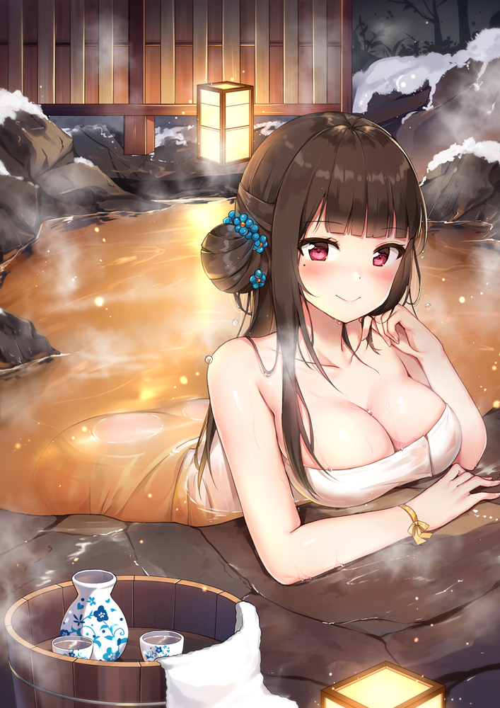 arched_back arm_support ass bangs bathing blunt_bangs blush breast_rest breasts brown_hair bucket choko_(cup) cleavage closed_mouth collarbone cup fence floral_print flower hair_flower hair_ornament lantern large_breasts leaning_forward long_hair looking_at_viewer mamemena naked_towel onsen outdoors partially_submerged pink_eyes reflection ribbon rock side_bun smile snow solo steam tokkuri towel upper_body water wet_towel winter wooden_bucket wrist_ribbon yat_sen_(zhan_jian_shao_nyu) yellow_ribbon zhan_jian_shao_nyu