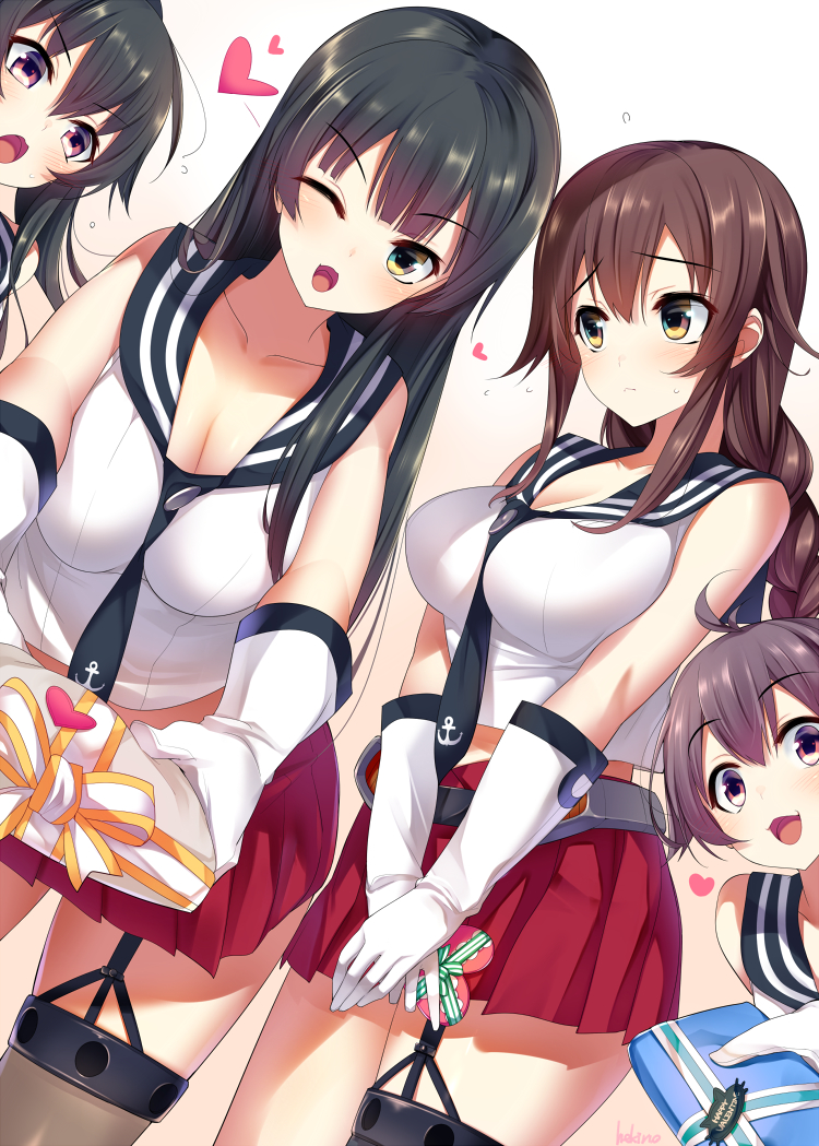 ;&lt; agano_(kantai_collection) ahoge anchor_symbol belt breasts brown_hair cleavage closed_mouth commentary_request dragonmaterial eyebrows_visible_through_hair garter_straps gloves gradient_hair grey_belt hair_between_eyes heart kantai_collection large_breasts miniskirt multicolored_hair multiple_girls noshiro_(kantai_collection) open_mouth red_skirt sakawa_(kantai_collection) shadow simple_background single_thighhigh skirt thighhighs two-tone_hair white_background white_gloves yahagi_(kantai_collection) yellow_eyes