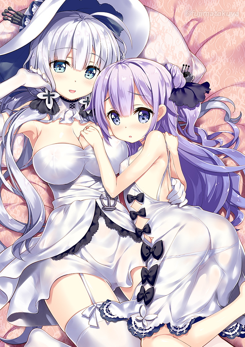 ahoge anchor ass azur_lane bangs bare_arms bare_shoulders barefoot black_bow black_ribbon blue_eyes blush bow breasts commentary_request covered_nipples detached_collar dress elbow_gloves eyebrows_visible_through_hair fujima_takuya gloves hair_between_eyes hair_bun hair_ribbon hat illustrious_(azur_lane) large_breasts long_hair low_twintails lying multiple_girls on_back one_side_up panties panty_pull parted_lips purple_eyes purple_hair ribbon see-through side_bun silver_hair small_breasts smile strapless strapless_dress thighhighs twintails twitter_username underwear unicorn_(azur_lane) very_long_hair white_dress white_gloves white_hat white_legwear white_panties