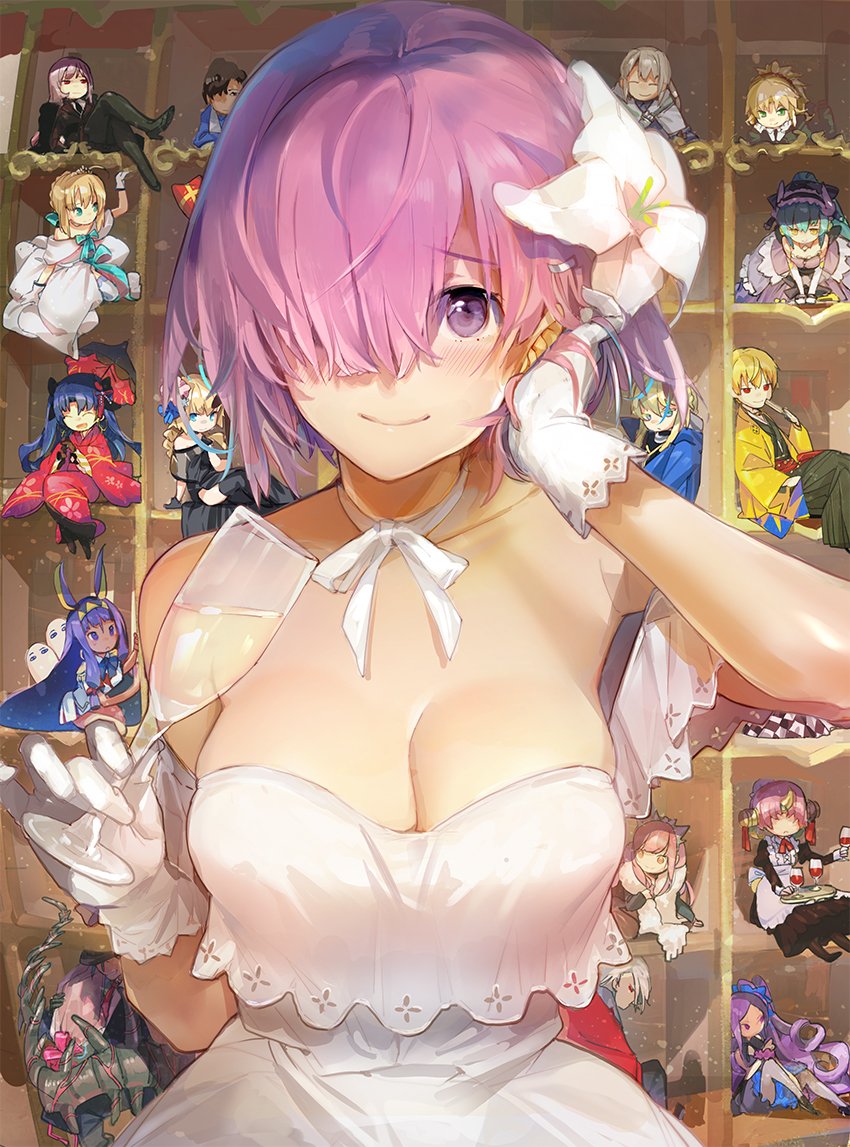6+girls alcohol aqua_hair arjuna_(fate/grand_order) artoria_pendragon_(all) artoria_pendragon_(lancer) bedivere black_hair blonde_hair boots breasts champagne cleavage collarbone commentary_request cu_chulainn_alter_(fate/grand_order) cup dark_skin dress drinking_glass fate/grand_order fate_(series) florence_nightingale_(fate/grand_order) flower formal frankenstein's_monster_(fate) gilgamesh gloves hair_flower hair_ornament hair_over_eyes hair_over_one_eye hand_in_hair high_heel_boots high_heels ishtar_(fate/grand_order) japanese_clothes jeanne_d'arc_(fate)_(all) karna_(fate) kimono kiyohime_(fate/grand_order) lancer large_breasts lavender_hair long_hair looking_at_viewer lying maid mash_kyrielight medb_(fate)_(all) medb_(fate/grand_order) medjed mordred_(fate)_(all) multiple_boys multiple_girls nitocris_(fate/grand_order) on_stomach pink_hair purple_eyes red_eyes scarf short_hair silver_hair smile souji_hougu umbrella wavy_hair wine_glass wu_zetian_(fate/grand_order)