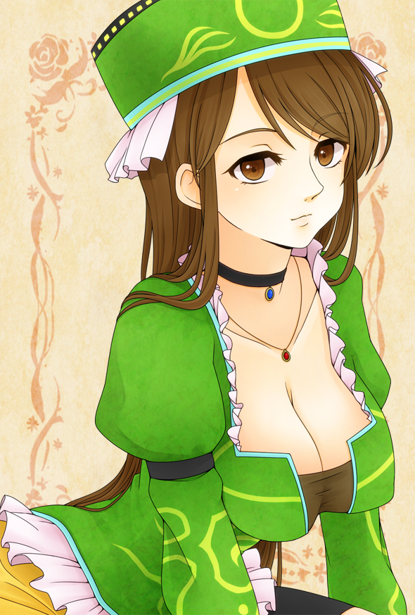 breasts brown_eyes brown_hair choker claudia_(saga) cleavage commentary_request eyelashes hanging_breasts hat jewelry large_breasts long_hair looking_at_viewer necklace romancing_saga_minstrel_song saga sm156 solo