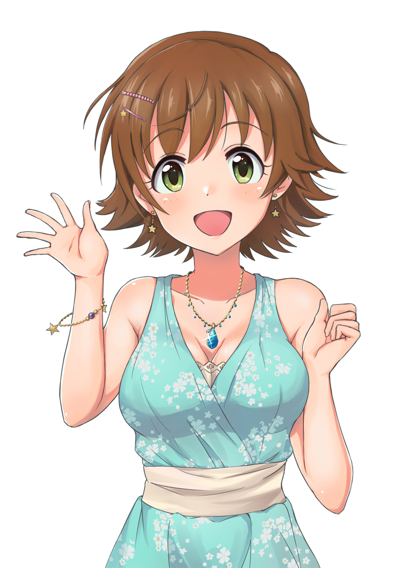 1girl :d armpit_crease bangs bare_arms bare_shoulders blue_dress blush bracelet breasts brown_hair cleavage collarbone commentary_request dress earrings eyebrows_visible_through_hair floral_print glint green_eyes hair_ornament hairclip hands_up head_tilt honda_mio idolmaster idolmaster_cinderella_girls jewelry looking_at_viewer medium_breasts nakasima-syouta necklace open_mouth sanpaku sash short_hair sidelocks simple_background sleeveless sleeveless_dress smile solo star star_earrings tareme upper_body white_background