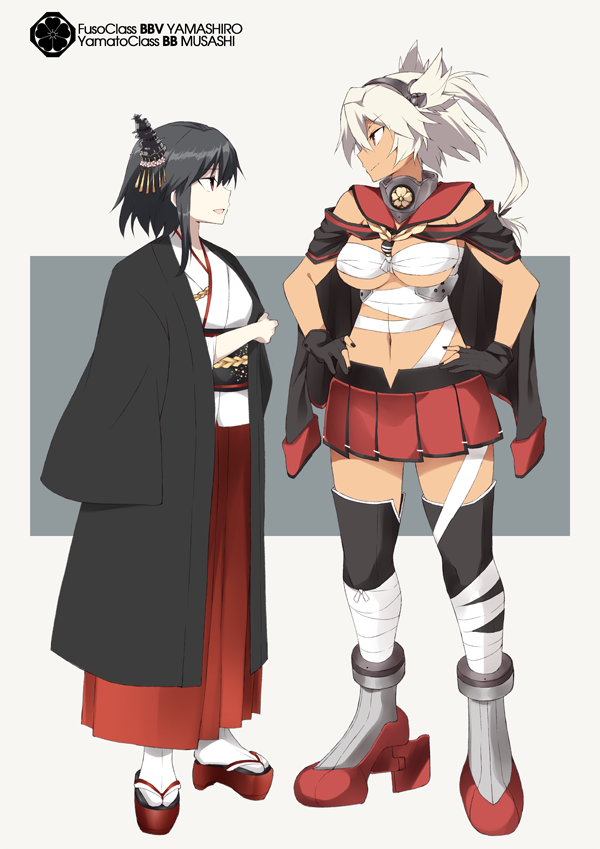 bandages black_gloves black_hair black_kimono black_legwear breasts brown_eyes budget_sarashi capelet character_name collar dark_skin full_body gloves hair_between_eyes hair_ornament hakama_skirt haori japanese_clothes kantai_collection kimono large_breasts looking_at_another midriff miniskirt multiple_girls musashi_(kantai_collection) navel no_eyewear nontraditional_miko over_shoulder partly_fingerless_gloves pleated_skirt red_eyes red_skirt sandals sarashi short_hair short_hair_with_long_locks skirt souji standing tall thighhighs twintails two_side_up white_hair white_legwear yamashiro_(kantai_collection) zettai_ryouiki