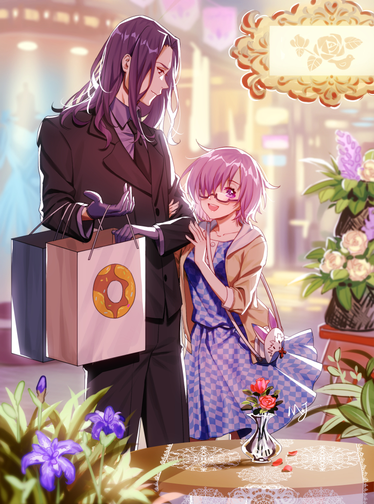 1girl :d bag berserker_(fate/zero) black_neckwear blue_dress business_suit checkered checkered_dress dress fate/grand_order fate/zero fate_(series) flower formal glasses gloves hair_over_one_eye handbag jacket lancelot_(fate/grand_order) lancelot_(fate/zero) long_hair looking_at_another majiang mash_kyrielight necktie open_mouth purple_eyes purple_gloves purple_hair semi-rimless_eyewear shopping_bag short_hair signature smile suit table yellow_jacket