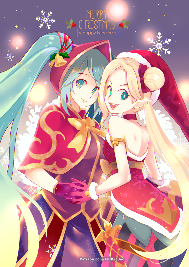 :d aa2233a alternate_costume alternate_hair_color ambitious_elf_jinx aqua_hair bell blonde_hair blue_eyes capelet choker english gloves hair_bun hat holding_hands jinx_(league_of_legends) league_of_legends long_hair looking_at_viewer merry_christmas multiple_girls open_mouth pointy_ears red_choker red_gloves santa_costume santa_hat silent_night_sona smile snowflakes sona_buvelle standing twintails watermark web_address