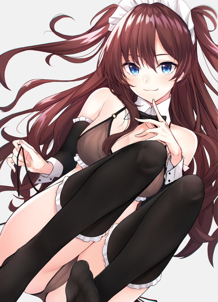 anza_tomo bangs bare_shoulders blue_eyes blush bow bowtie bra breasts brown_bra brown_hair brown_panties cleavage detached_collar detached_sleeves frill_trim hand_on_own_chin headdress highres ichinose_shiki idolmaster idolmaster_cinderella_girls knees_up legs long_hair looking_at_viewer medium_breasts o-ring panties side-tie_panties simple_background sitting smile solo thighs two_side_up underwear wavy_hair