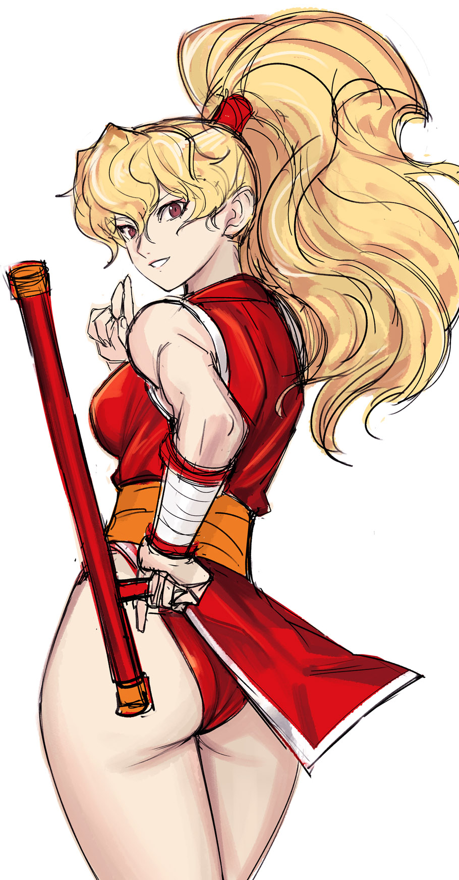 ass blonde_hair breasts final_fight from_behind genryuusai_maki high_ponytail highres long_hair looking_back medium_breasts ninja ponytail red_eyes salute sash sketch smile solo street_fighter tetsu_(kimuchi) tonfa two-finger_salute weapon