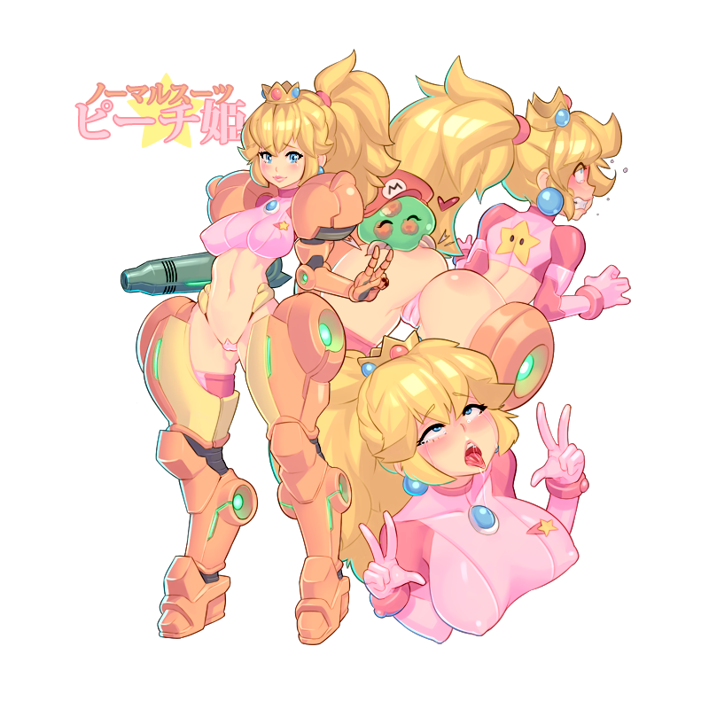 adapted_costume ahegao arm_cannon ass ass_biting bent_over biting blonde_hair breasts cameltoe cosplay covered_nipples crop_top crown double_v full_body large_breasts mario mario_(series) metroid metroid_(creature) navel open_mouth ponytail power_armor princess_peach samus_aran samus_aran_(cosplay) stomach super_mario_bros. thong tongue tongue_out transparent_background true_devirish v varia_suit weapon zero_suit