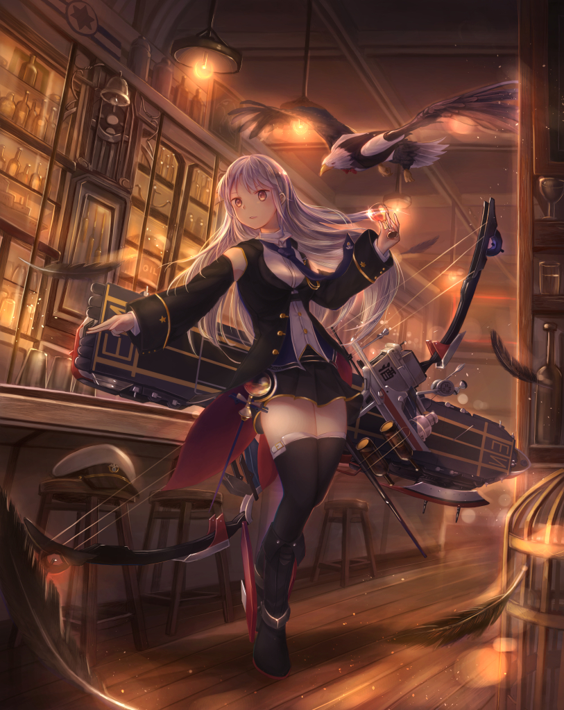 animal azur_lane bangs bar bar_stool bell bird birdcage black_coat black_footwear black_skirt blue_neckwear boots bottle bow_(weapon) cage ceiling_light clock clothed_animal coat cup dark delphi_(ga2006230312) detached_sleeves drinking_glass eagle enterprise_(azur_lane) feathers flight_deck full_body hat hat_removed headwear_removed holding holding_cup indoors lens_flare light_particles long_hair long_sleeves looking_to_the_side miniskirt necktie open_clothes open_coat orange_eyes peaked_cap shelf silver_hair skirt standing stool thigh_boots thighhighs very_long_hair weapon white_hat wooden_floor zettai_ryouiki
