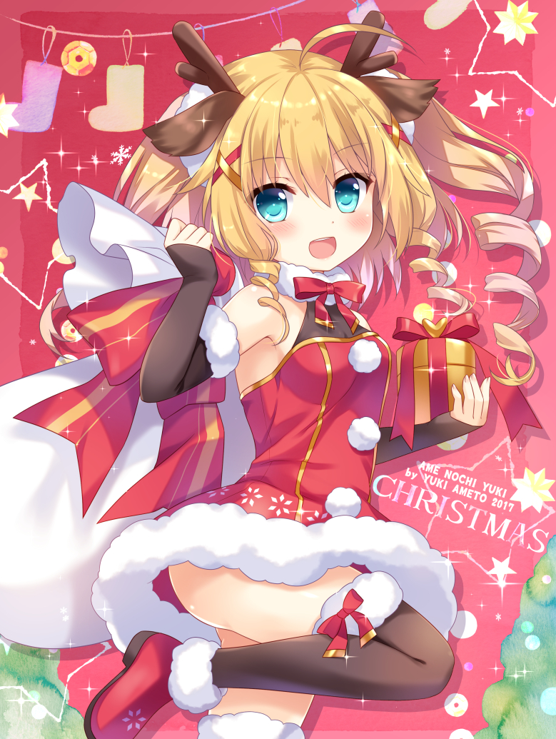 2017 :d ahoge ameto_yuki animal_ears ankle_boots antlers artist_name azur_lane bangs black_gloves black_legwear blue_eyes blush boots box christmas christmas_stocking commentary_request dress elbow_gloves eyebrows_visible_through_hair fingerless_gloves fur-trimmed_boots fur-trimmed_dress fur-trimmed_gloves fur-trimmed_legwear fur_collar fur_trim gift gift_box gloves gridley_(azur_lane) hair_between_eyes hair_ornament holding holding_sack long_hair looking_at_viewer looking_to_the_side open_mouth red_dress red_footwear reindeer_antlers reindeer_ears ringlets sack santa_costume smile solo standing standing_on_one_leg star thighhighs x_hair_ornament