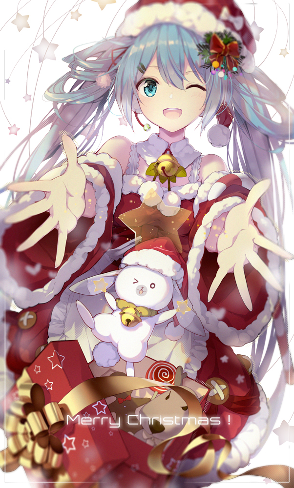&gt;_o ;d apron aqua_eyes aqua_hair bell blush bow box bunny candy christmas detached_collar detached_sleeves dress food fur-trimmed_dress fur-trimmed_sleeves fur_trim gift gift_box hair_bow hair_ornament hairclip hat hat_bow hatsune_miku jingle_bell lf lollipop long_hair long_sleeves looking_at_viewer md5_mismatch one_eye_closed open_mouth outstretched_arms pom_pom_(clothes) red_bow red_dress red_hat round_teeth santa_costume santa_hat simple_background smile spread_fingers star tareme teeth twintails very_long_hair vocaloid white_apron white_background white_bow wide_sleeves yukine_(vocaloid)
