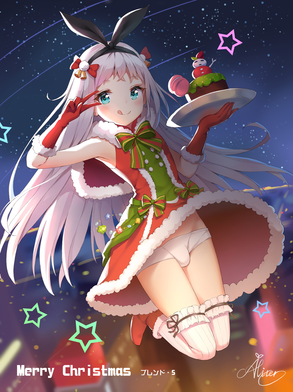 :p aliter aqua_eyes armpits bare_shoulders bell black_bow black_hairband blend_s bow bowtie bulge cake capelet christmas commentary_request crossdressing dress english food full_body gloves hair_ornament hairband half-closed_eyes highres jingle_bell kanzaki_hideri long_hair looking_at_viewer looking_to_the_side male_focus merry_christmas night night_sky otoko_no_ko outdoors panties plate red_bow salute silver_hair sky sleeveless sleeveless_dress snow solo star thighhighs tongue tongue_out two-finger_salute underwear v very_long_hair white_panties wind wind_lift