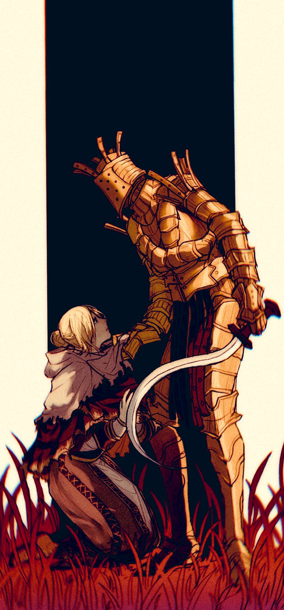 1boy 1girl anastacia_of_astora armor black_background blonde_hair border cape chinese_commentary closed_mouth commentary_request dark_souls_(series) dark_souls_i dress english_commentary full_armor full_body gold_armor grass grey_border grey_cape grey_dress hair_bun highres holding holding_sword holding_weapon kneeling knight_lautrec_of_carim looking_at_another medium_hair mixed-language_commentary own_hands_together standing sword tworain_w weapon