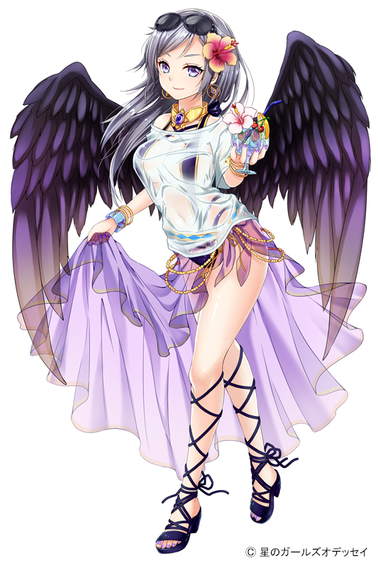 black_wings bracelet copyright_name cup drinking_glass earrings eyewear_on_head feathered_wings fingernails flower full_body grey_hair hera_(hoshi_no_girls_odyssey) holding holding_cup hoshi_no_girls_odyssey jewelry long_hair minamoto_mamechichi nail_polish official_art purple_nails purple_sarong sarong see-through shirt shoes solo swimsuit toenails translucent_sarong tropical_drink wet wet_clothes wet_shirt white_background wings