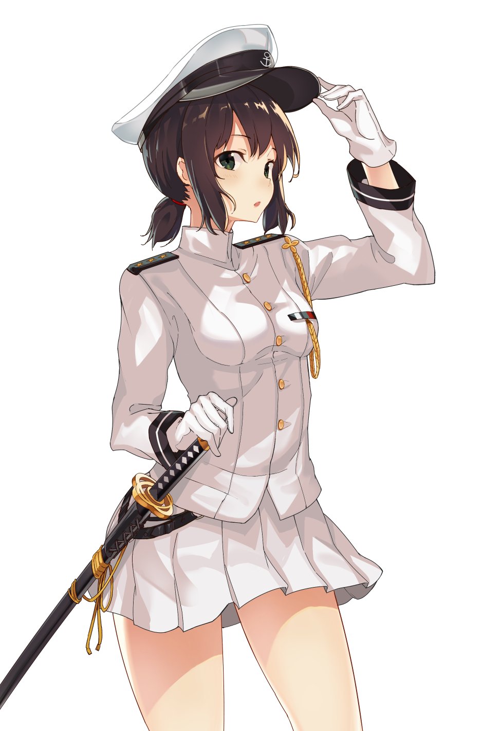 admiral_(kantai_collection) admiral_(kantai_collection)_(cosplay) anchor_symbol arm_up bangs blush breasts brown_hair buttons commentary_request cosplay cowboy_shot eyebrows_visible_through_hair female_admiral_(kantai_collection) fubuki_(kantai_collection) gloves green_eyes hand_on_hilt hat highres kantai_collection long_sleeves looking_at_viewer medium_breasts open_mouth oweee peaked_cap pleated_skirt scabbard sheath sheathed short_hair short_ponytail simple_background skirt solo sword weapon white_background white_gloves white_skirt