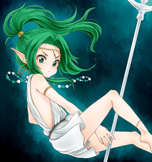 anklet ass barefoot commentary_request dress forneus jewelry legs long_hair male_focus otoko_no_ko pointy_ears romancing_saga_3 saga sm156 solo