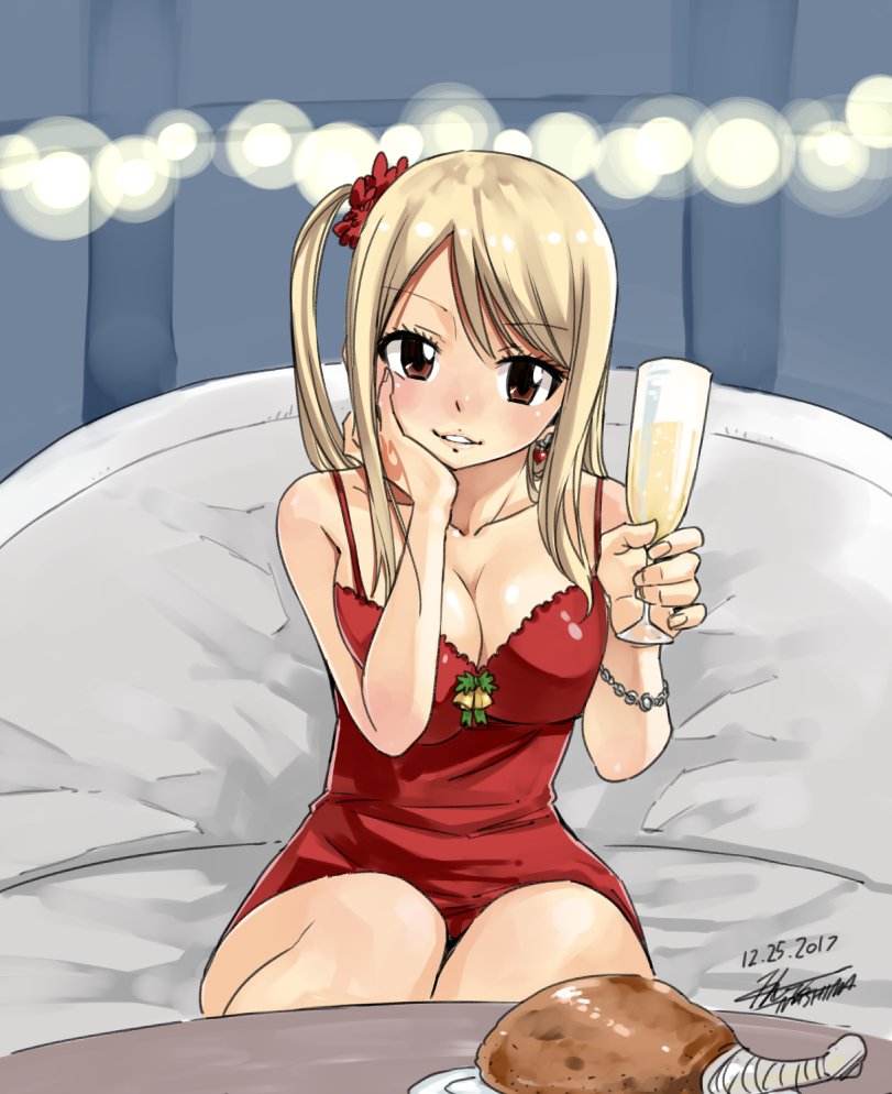 bangs bare_shoulders bell blonde_hair blurry bokeh bracelet breast_squeeze breasts brown_eyes champagne_flute cleavage commentary couch cup dated depth_of_field dress drinking_glass earrings fairy_tail food hand_on_own_cheek hand_tattoo heart heart_earrings holding holding_cup indoors jewelry large_breasts looking_at_viewer lucy_heartfilia mashima_hiro meat on_couch one_side_up parted_lips plate pov_across_table red_dress red_scrunchie scrunchie short_dress signature sitting sleeveless sleeveless_dress smile solo spaghetti_strap swept_bangs table tattoo turkey_leg wine_glass