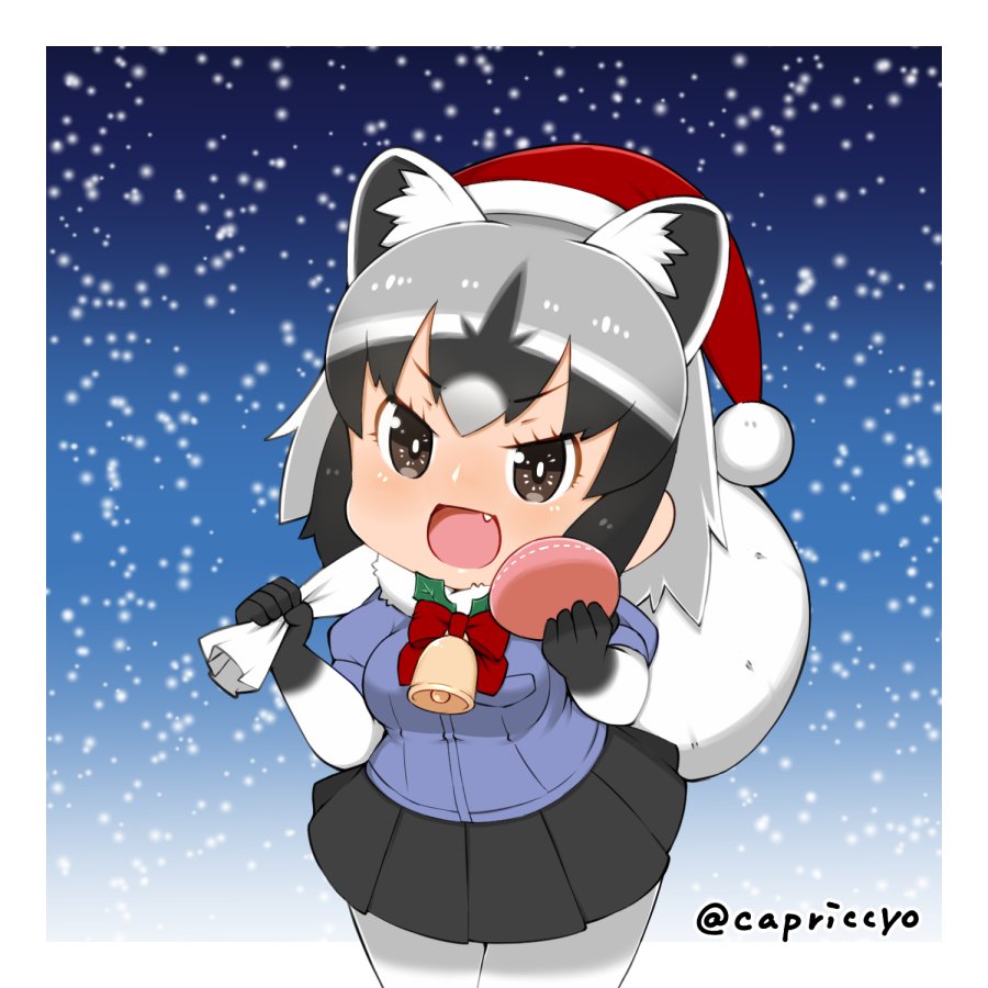 :d animal_ears bangs bell black_hair black_skirt blue_shirt blush border bow bowtie breasts bright_pupils brown_eyes capriccyo christmas common_raccoon_(kemono_friends) cowboy_shot elbow_gloves eyebrows eyebrows_visible_through_hair eyelashes fang food fur_collar gloves hair_between_eyes hat holding holding_sack japari_bun kemono_friends leaf legs_together medium_breasts miniskirt multicolored multicolored_clothes multicolored_gloves multicolored_hair open_mouth over_shoulder pantyhose pleated_skirt puffy_short_sleeves puffy_sleeves raccoon_ears red_bow red_neckwear sack santa_hat shirt short_hair short_sleeves silver_hair skirt smile snow snowing solo standing tongue tsurime twitter_username v-shaped_eyebrows white_border white_hair white_legwear white_pupils