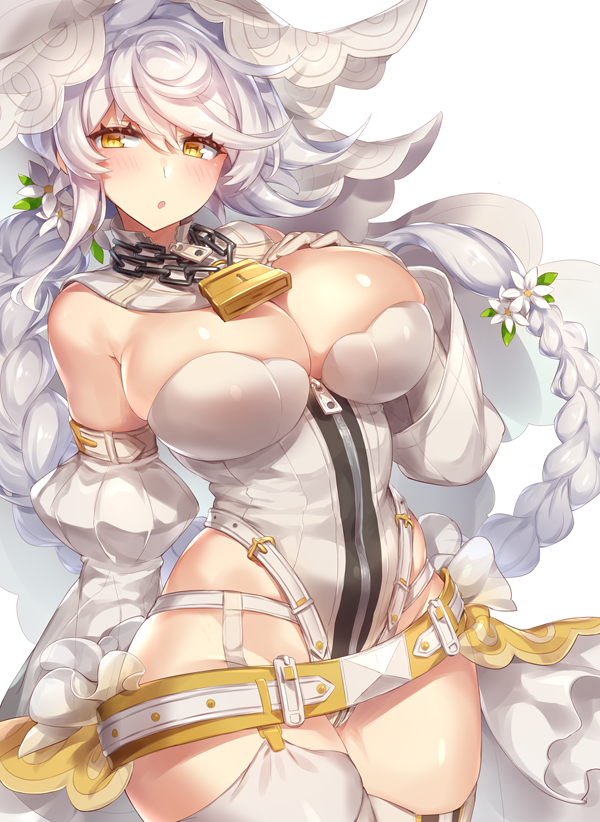 asymmetrical_hair bangs bare_shoulders belt belt_buckle blush braid breasts bridal_veil buckle chain chain_necklace cleavage commentary_request cosplay detached_collar detached_sleeves fate/extra fate/extra_ccc fate_(series) flower garter_straps gloves hair_flower hair_ornament hand_on_own_chest highleg highleg_leotard hips jitome kantai_collection large_breasts leaf leotard lock long_hair looking_at_viewer nero_claudius_(bride)_(fate) nero_claudius_(bride)_(fate)_(cosplay) nero_claudius_(fate)_(all) open_mouth padlock puffy_sleeves silver_hair simple_background single_braid solo standing strapless strapless_leotard swept_bangs thighhighs unryuu_(kantai_collection) veil very_long_hair wavy_hair white_background white_gloves white_legwear white_leotard white_sleeves wide_hips yamaarashi yellow_eyes zipper zipper_pull_tab