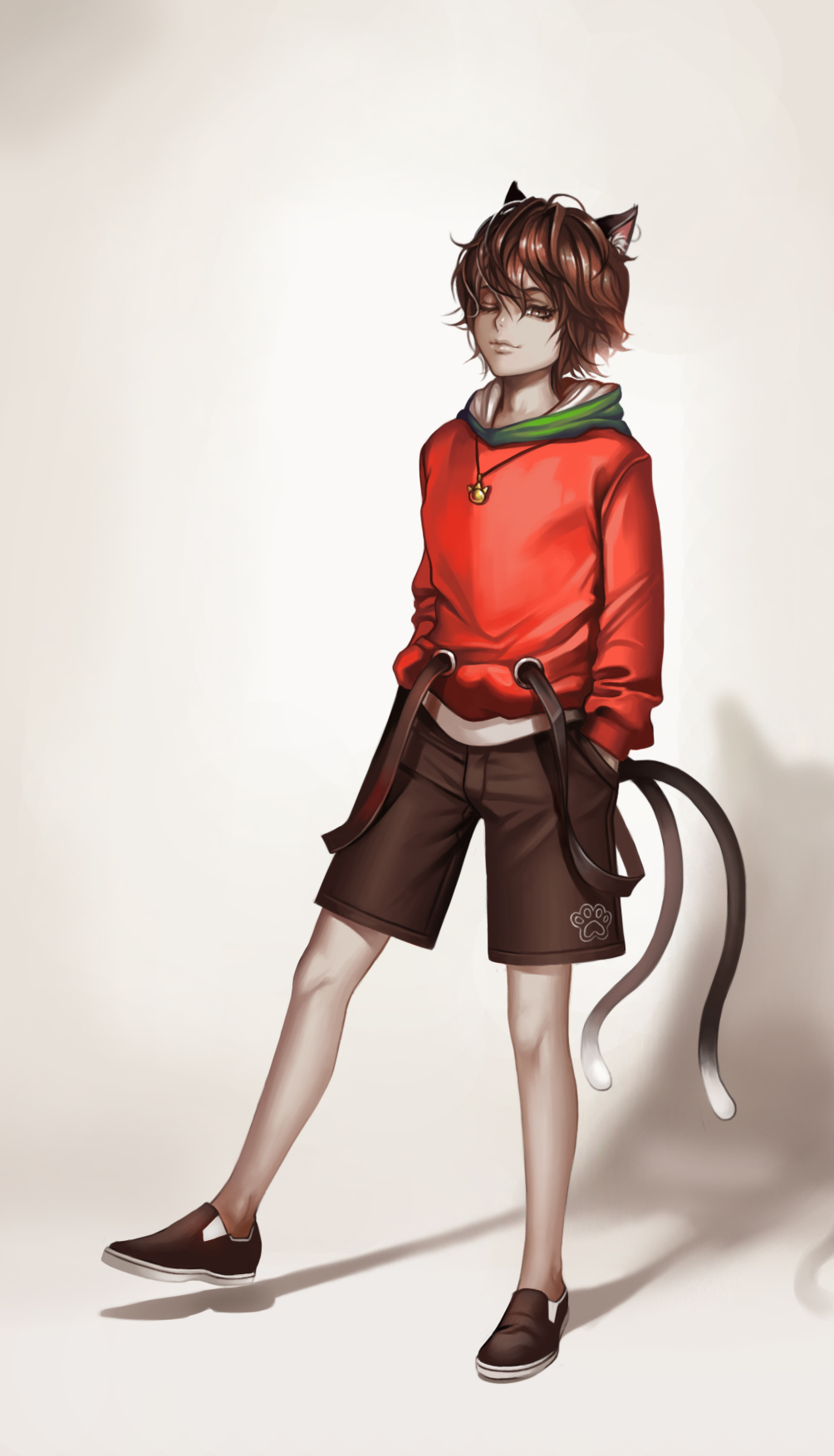 ;) adapted_costume animal_ears banned_artist bare_legs bishounen brown_eyes brown_footwear brown_hair brown_shorts cat_ears cat_tail chen closed_mouth curly_hair full_body genderswap genderswap_(ftm) green_hood half-closed_eye hands_in_pockets highres hood hood_down hoodie jewelry lips looking_at_viewer male_focus multiple_tails nekomata one_eye_closed pendant pocket red_hoodie shoes shorts slit_pupils smile solo standing standing_on_one_leg suspenders tail touhou two_tails yinan_cui