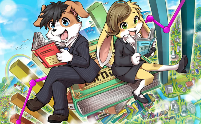 anthro black_hair book brown_hair business_suit clothing coronta_(tenshoku_safari) duo female fur green_eyes hair lagomorph mammal maruyama_(artist) multicolored_fur official_art open_mouth rabbit reading smile suit tenshoku_safari two_tone_fur usagine_(tenshoku_safari) white_fur yellow_fur