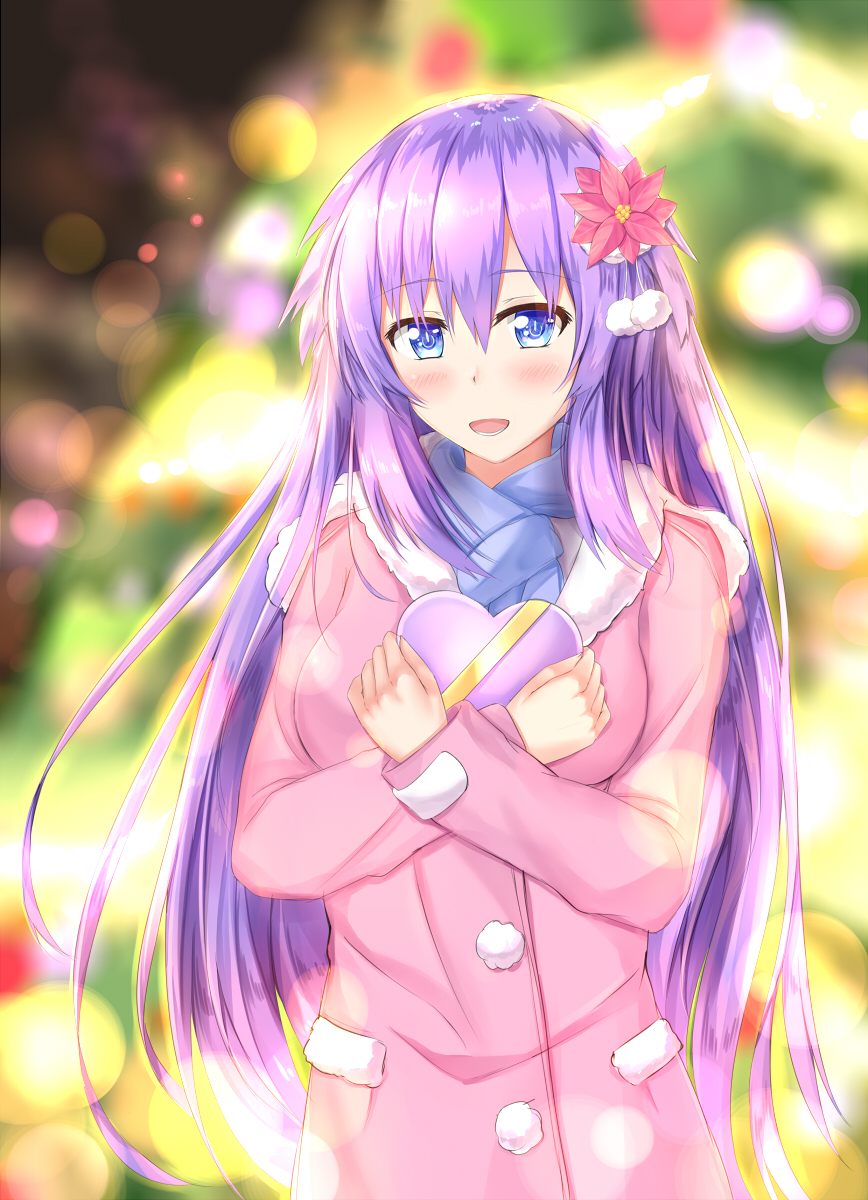 :d alternate_costume alternate_hairstyle blue_eyes blue_scarf blush christmas christmas_tree commentary cowboy_shot flower gift hair_flower hair_ornament heart highres holding holding_gift long_hair looking_at_viewer muwa12 neptune_(series) open_mouth pink_coat power_symbol purple_hair purple_heart scarf smile symbol-shaped_pupils very_long_hair