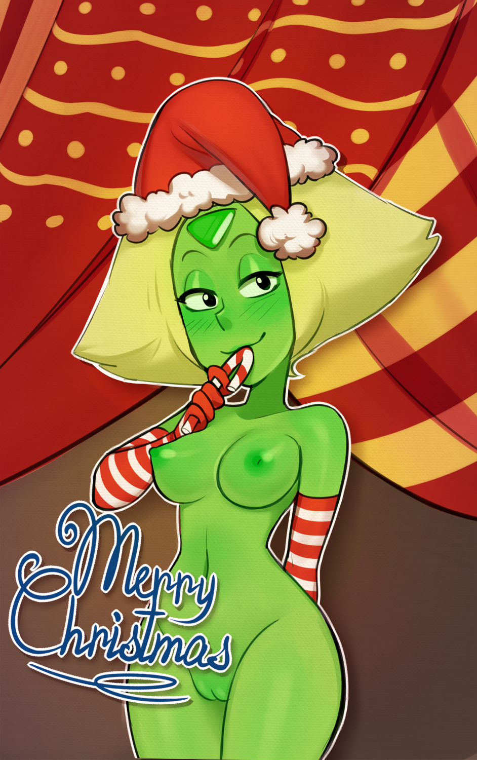 alien armwear blush breasts candy candy_cane cartoon_network christmas clothing female food gem_(species) headwear holidays nipples not_furry peridot_(steven_universe) pussy solo steven_universe unknown_artist