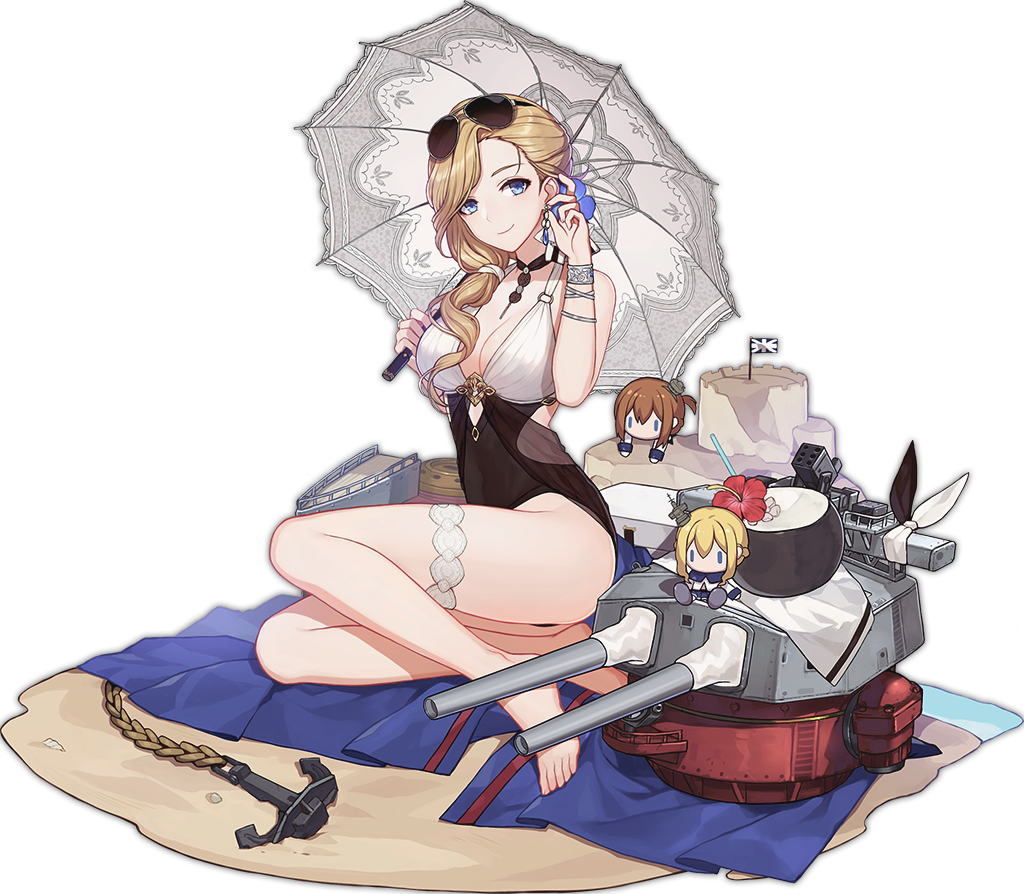anchor azur_lane bare_shoulders barefoot black_choker blonde_hair blue_eyes bracelet breasts character_doll choker cleavage closed_mouth covered_navel earrings eyebrows eyelashes eyewear_on_head flag flower full_body hair_over_shoulder hair_tie hibiscus holding hood_(azur_lane) jewelry large_breasts long_hair looking_at_viewer low_ponytail machinery midriff multicolored multicolored_clothes multicolored_swimsuit o-ring o-ring_swimsuit official_art one-piece_swimsuit palms parasol renown_(azur_lane) repulse_(azur_lane) sa_(h28085) sand sand_castle sand_sculpture side_ponytail single_hair_intake smile solo sunglasses swimsuit tachi-e tareme thigh_strap transparent_background turret umbrella union_jack